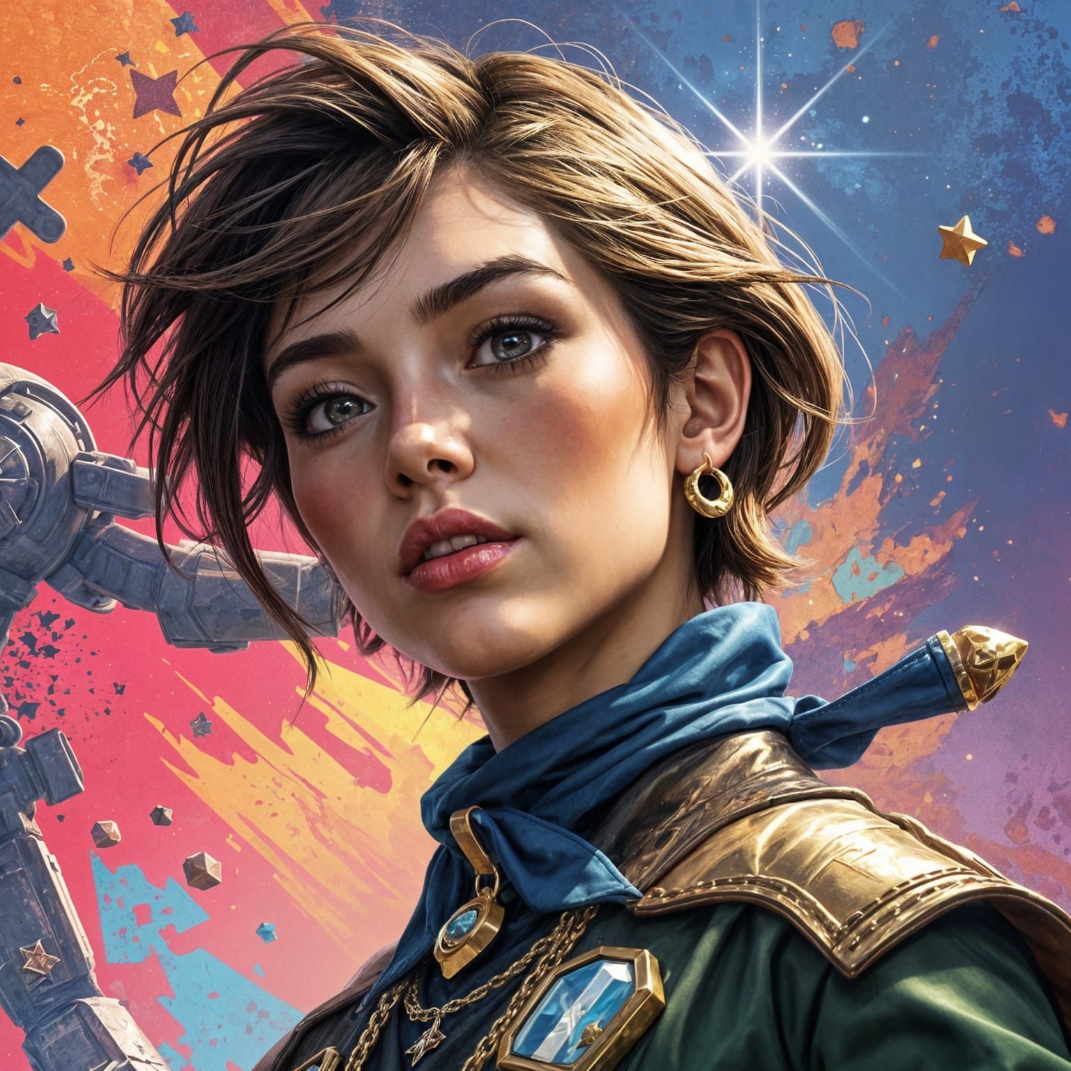 Glowing Celestial Warrior in Vibrant Cosmic Background