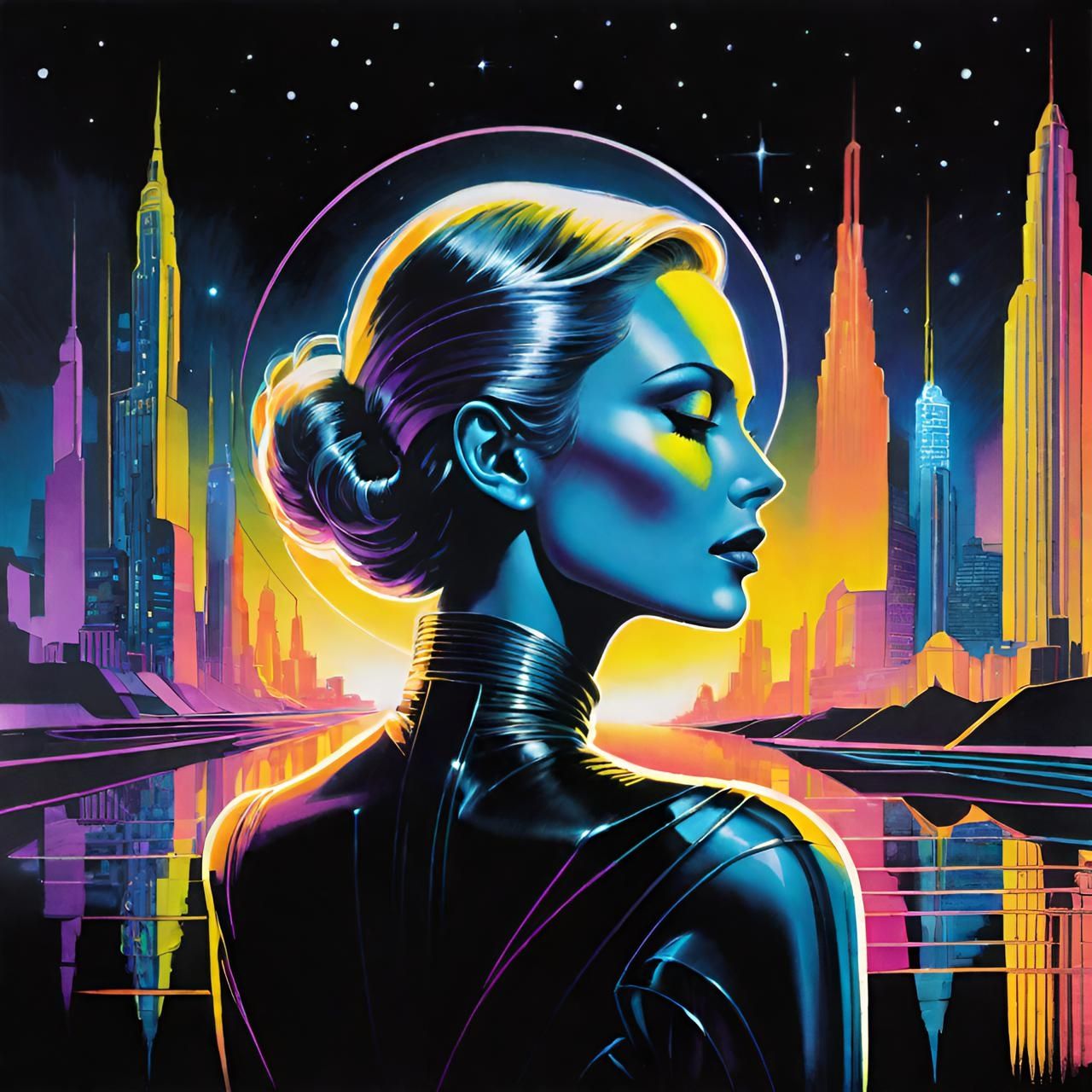 Woman in a minimalist, art-deco cityscape, her body sculpted...