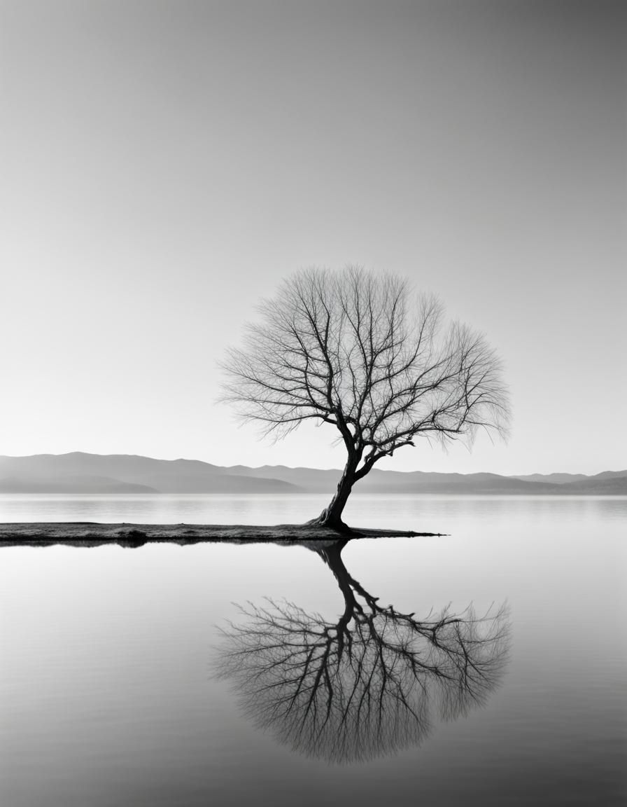 A single bare tree in the distance reflected in perfectly ca...