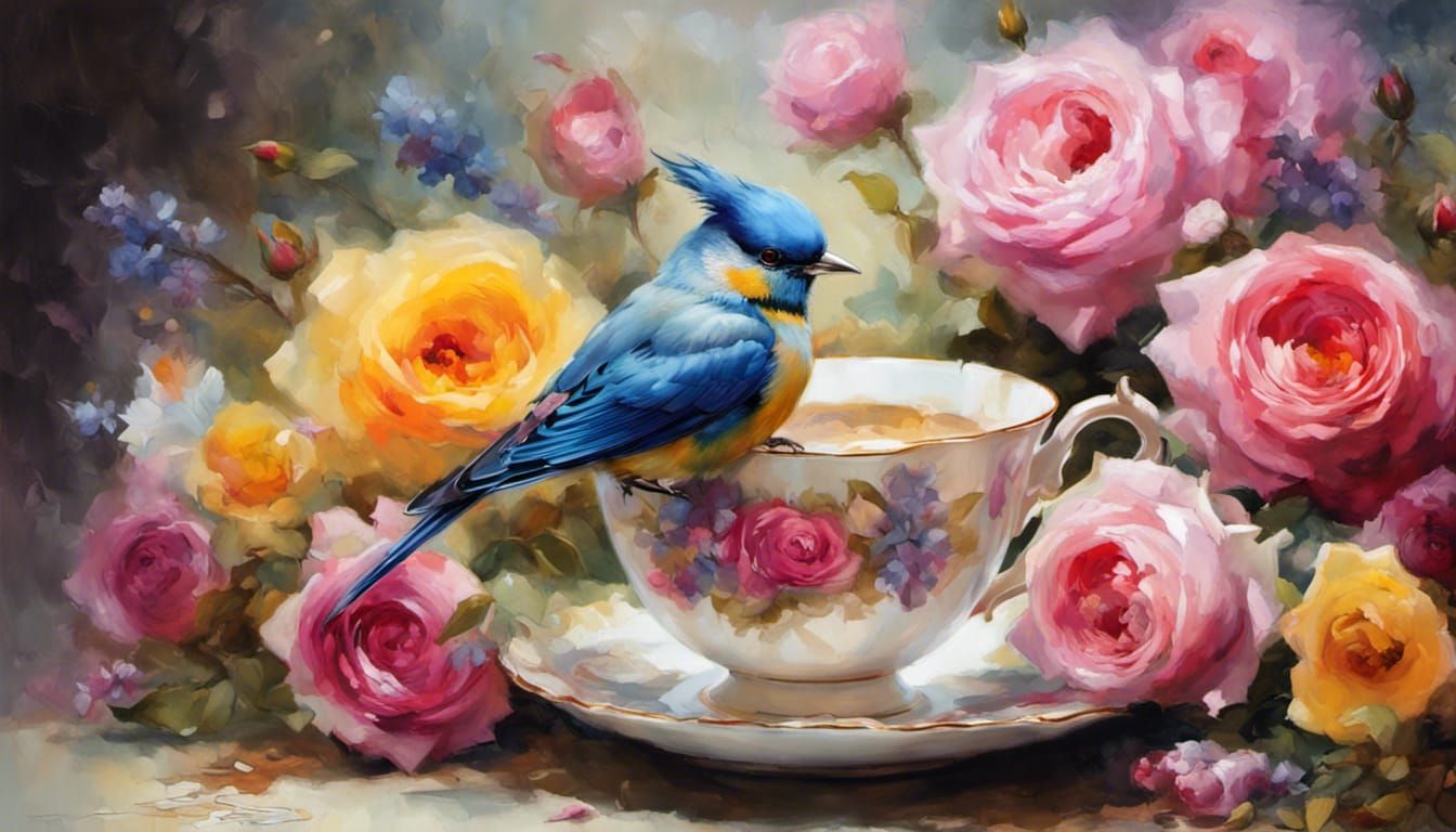 Little bird, bright colours, sitting on a teacup with beauti...