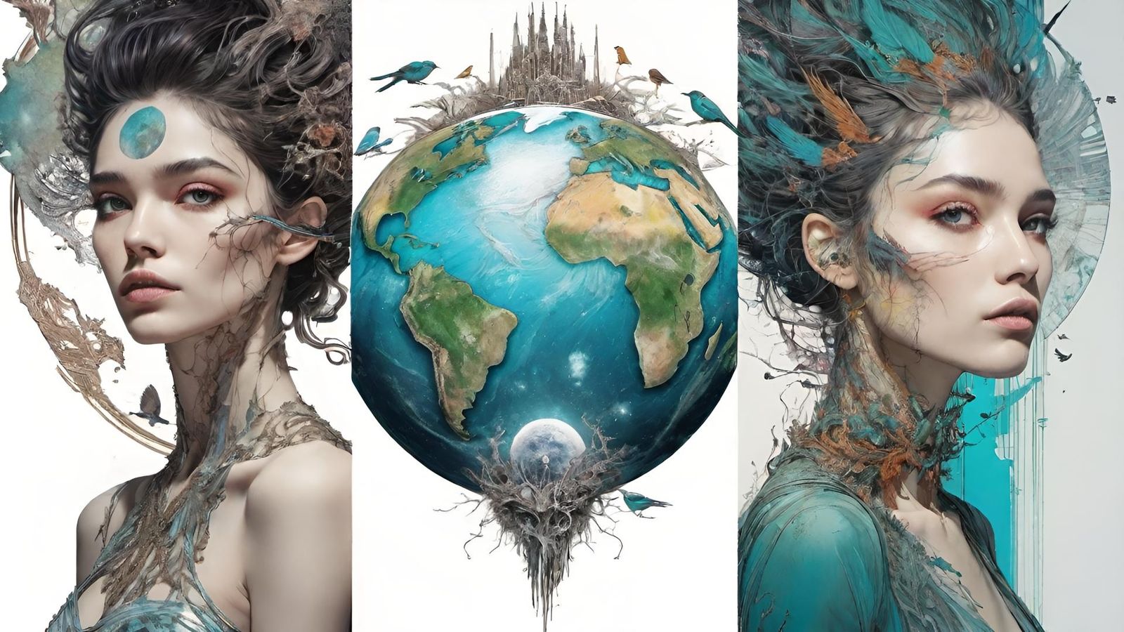 split screen, a beautiful woman looking at her self in the m...