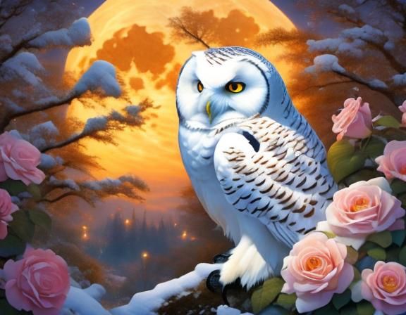 Stunning snowy owl in a rose garden under the full moon <lora:Moonlight Garden:1.0> 