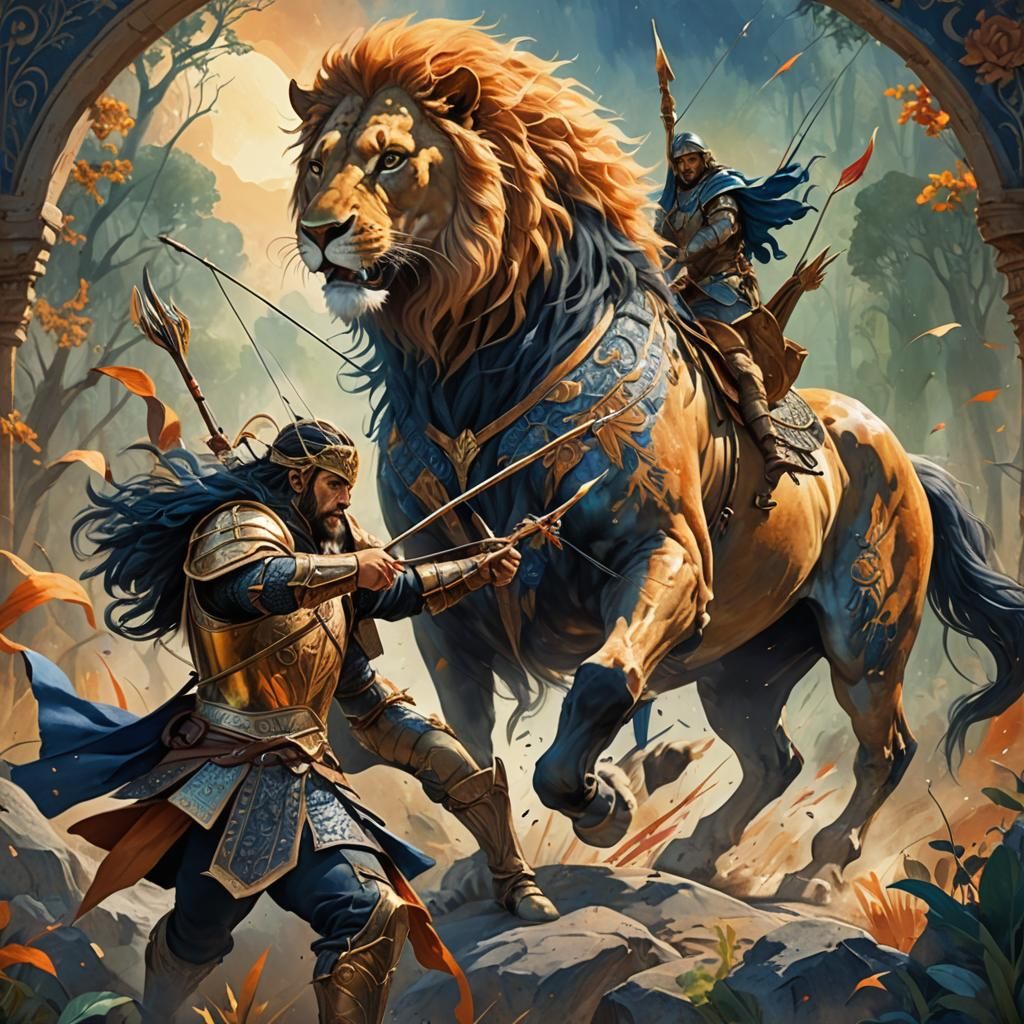 Centaur Warrior Battles Lion in Fantasy Art