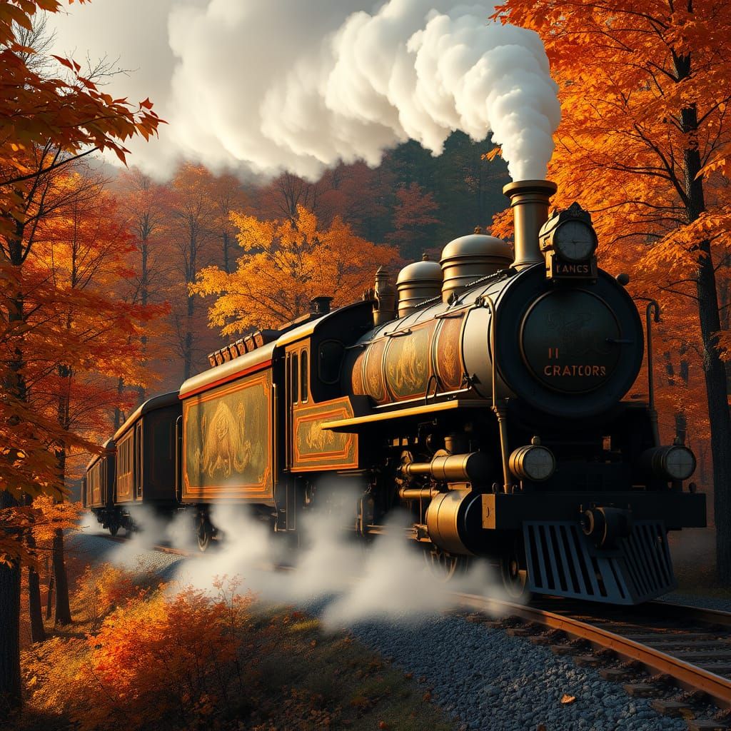  vintage steam train winding through a vibrant autumn forest  by @Kellys AI Kreations