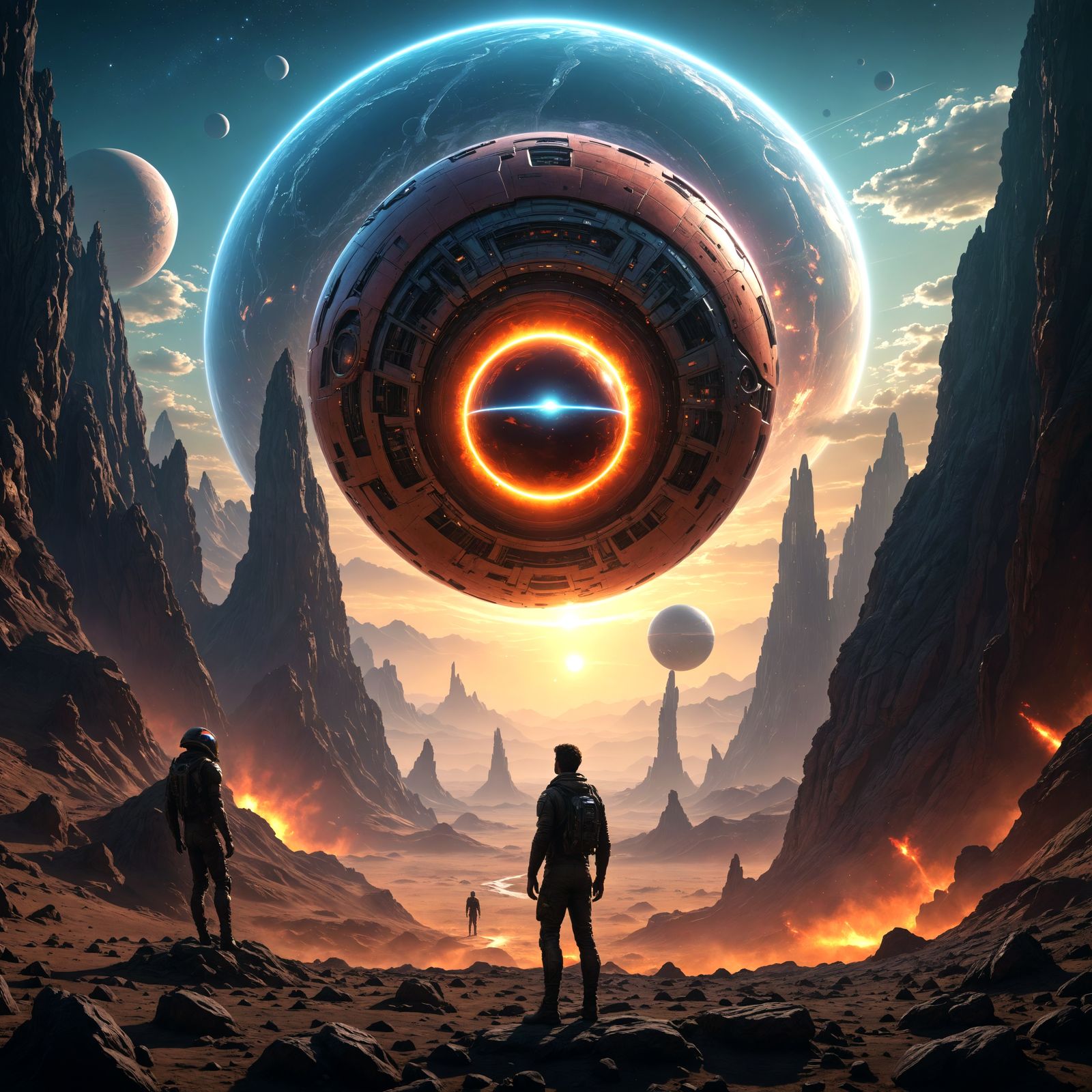 man standing looking to a giant sci-fi sphere, alien planet