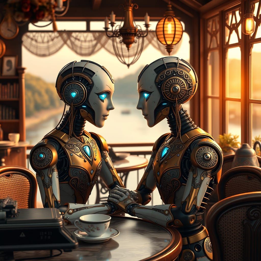 Glorified chat bots have a romance in a vintage coffee shop by the river.