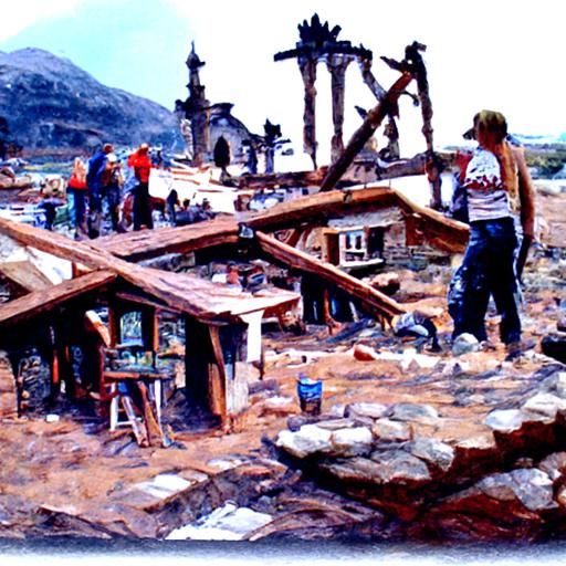 People rebuilding a town after it is destroyed