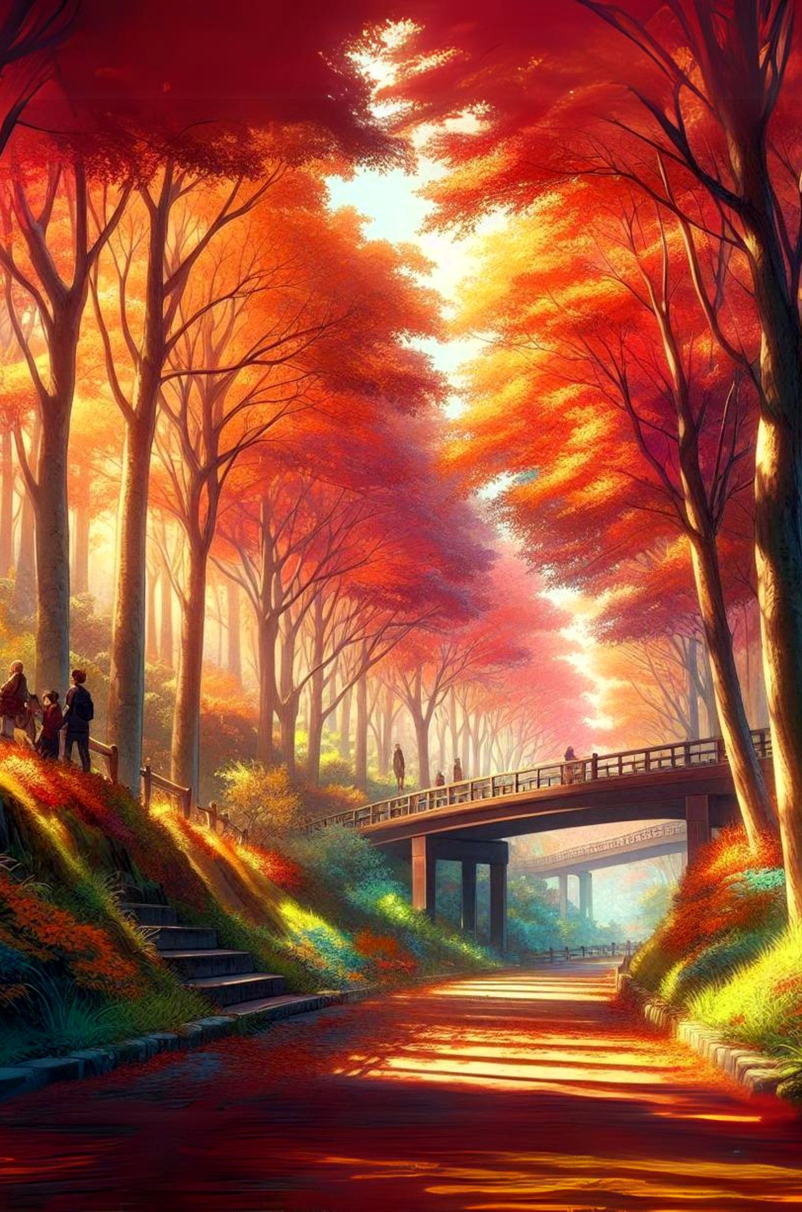 Autumn anime landscape of walking path with trees lining it