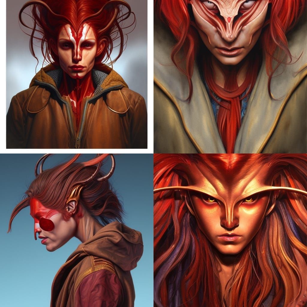 Bronze hair, red jacket, third eye, tusks portrait hyperdeta...