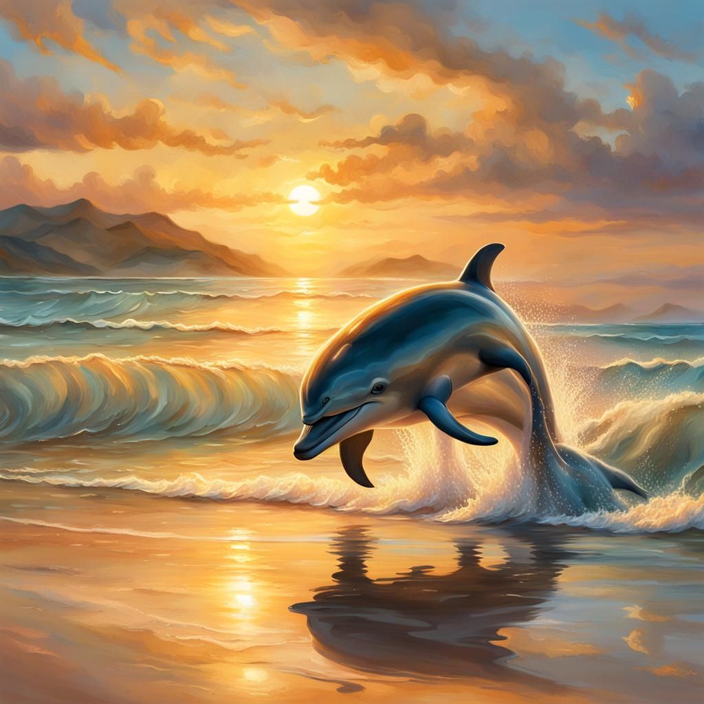 Tender dolphins playfully engage near the shore on a sandy b...