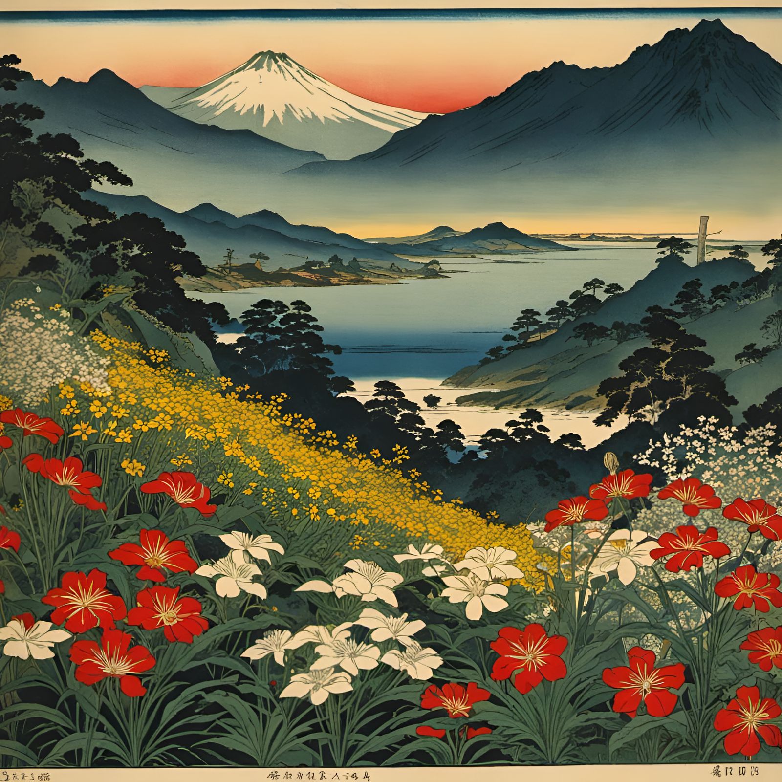 Sword Among Wildflowers in Chromolithography Ukiyo-e Style