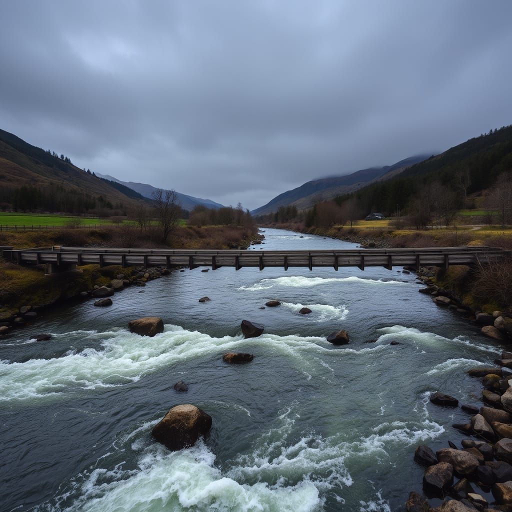 River Rapids Beneath a Darkened Landscape