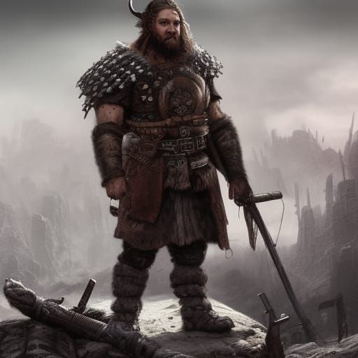 a viking beserker well armed and armored standing in a postapocalyptic ...