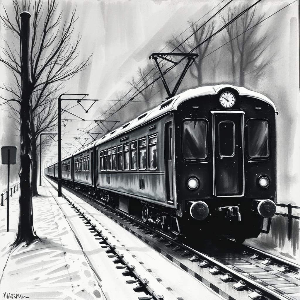 Winter Train Charcoal Drawing with Dramatic Chiaroscuro