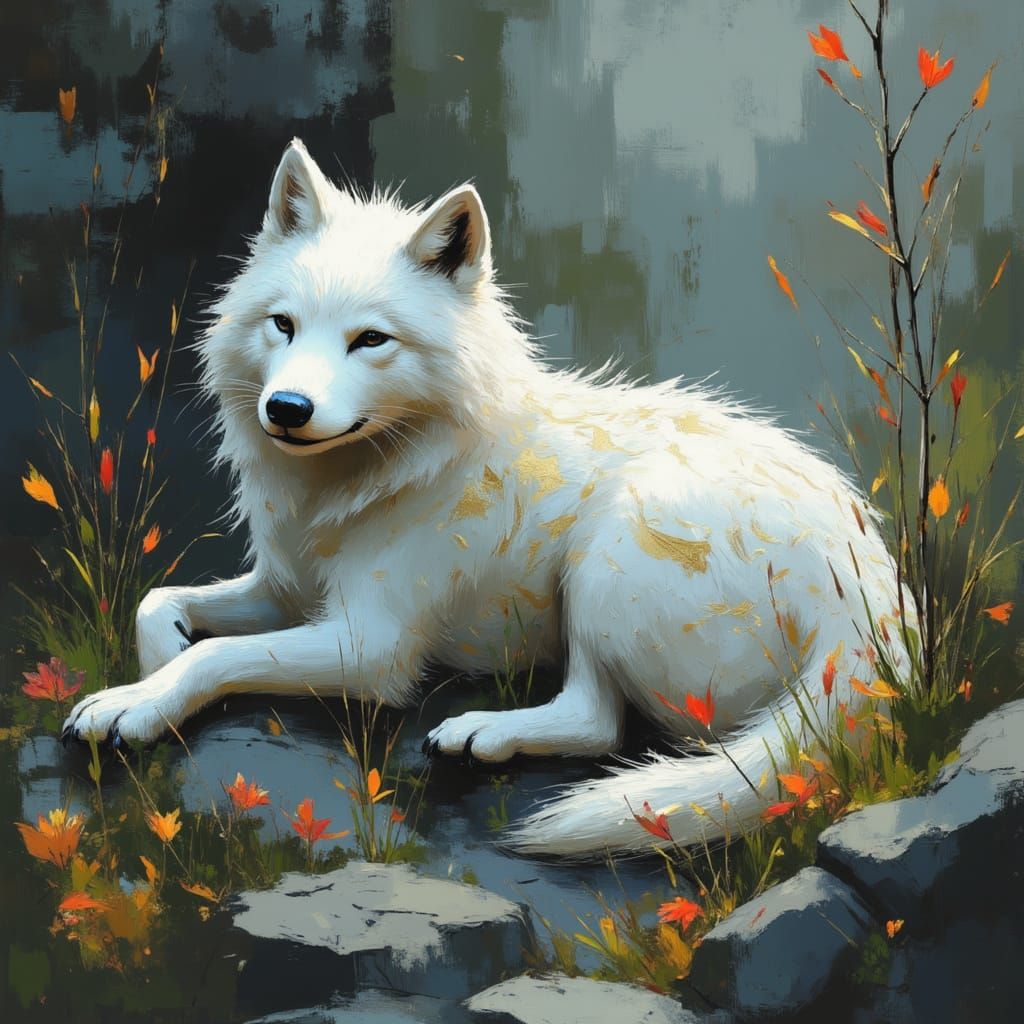Mystical Snow Wolf in Golden Marble Fur