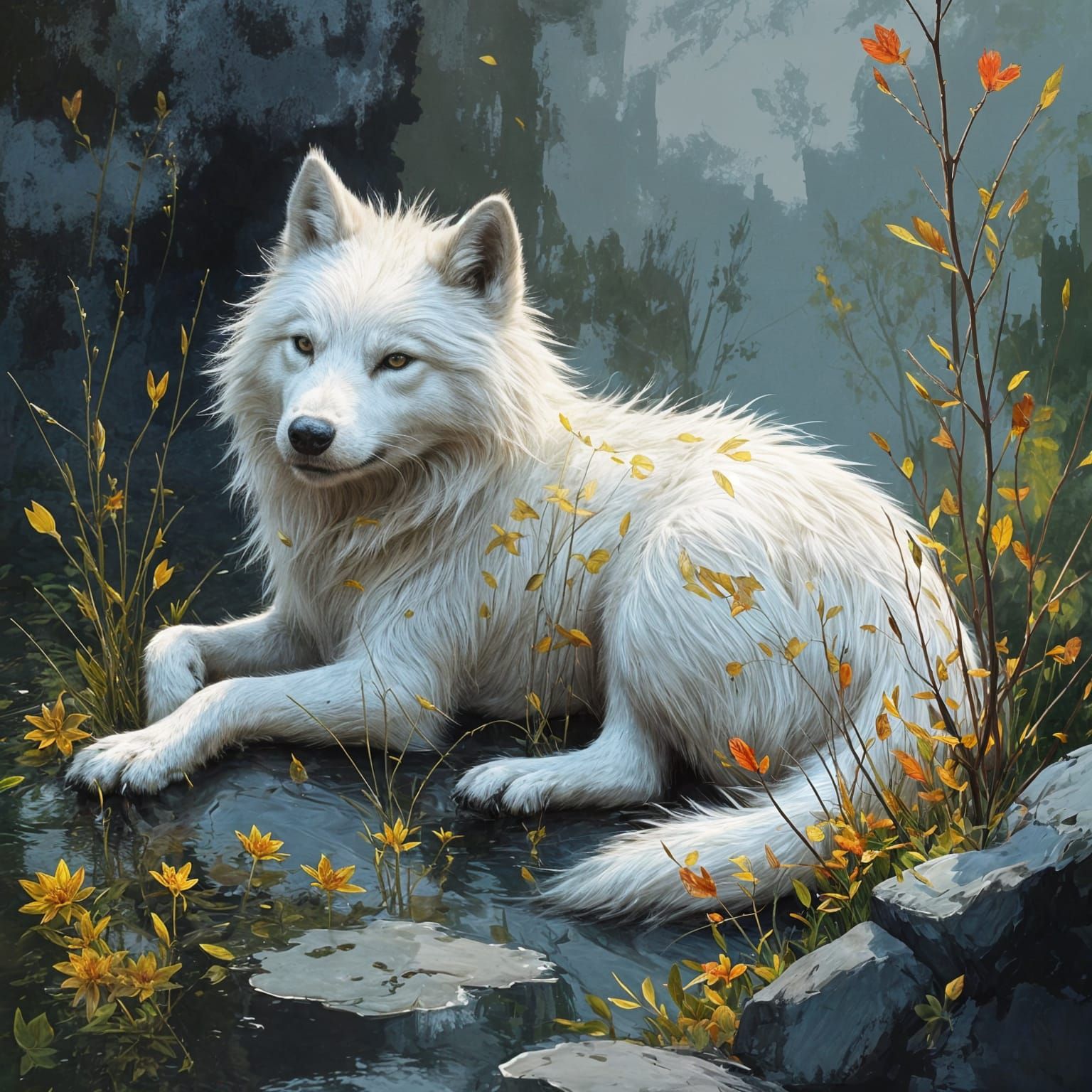 Mystical Snow Wolf in Golden Marble Forest