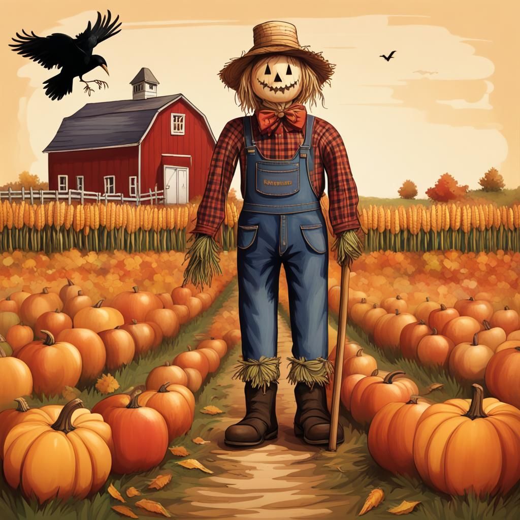 A scarecrow wearing a plaid shirt and a straw hat in a cornf...
