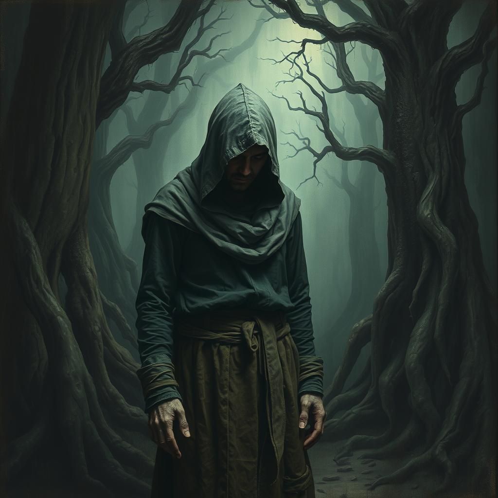 Tormented Figure in a Surreal, Dimly Lit Forest
