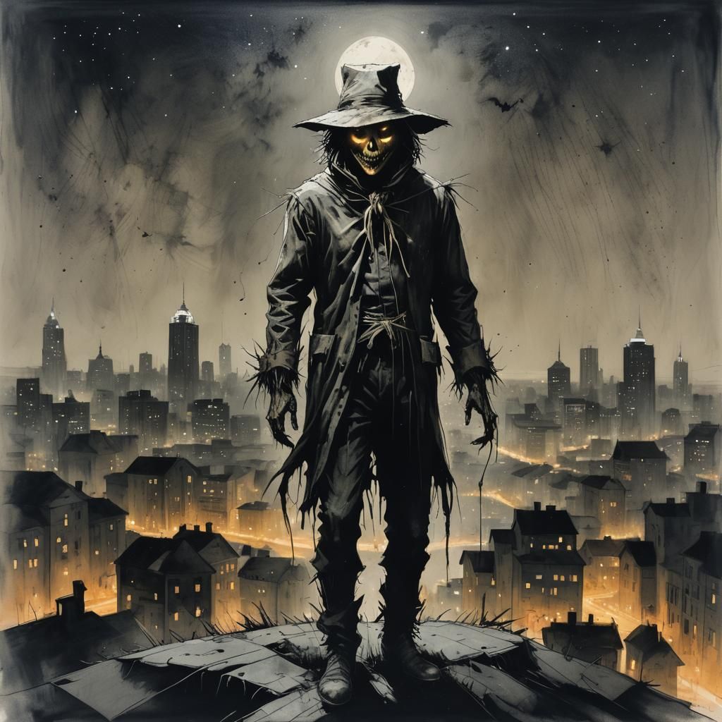 horrifying scarecrow halloween starry cityscape perspective drawing comic art mark demsteader, bob kane, ...  by @Thordis Alfstein