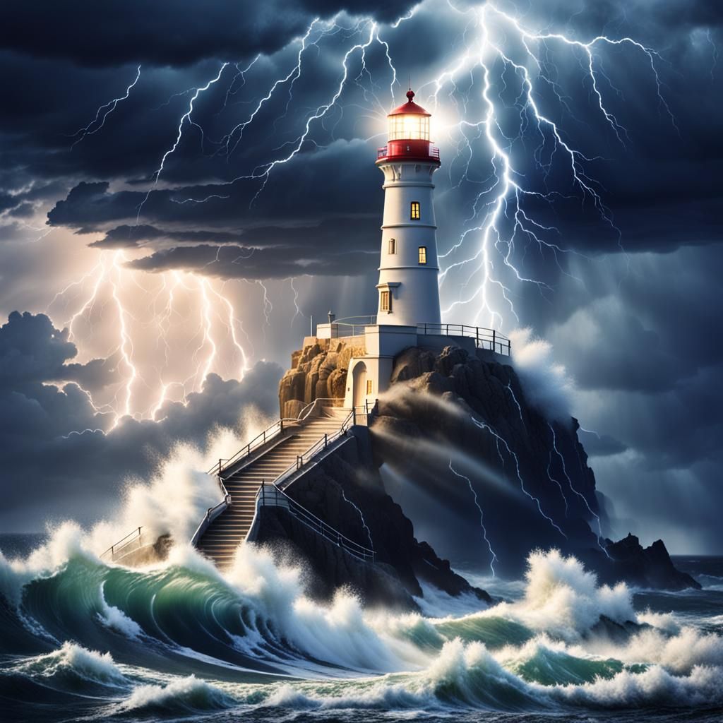 A lighthouse in a stormy sea with high waves and torrential rain. Lightning  bolts crossing the sky. Very detailed and long exposure - AI Generated  Artwork - NightCafe Creator