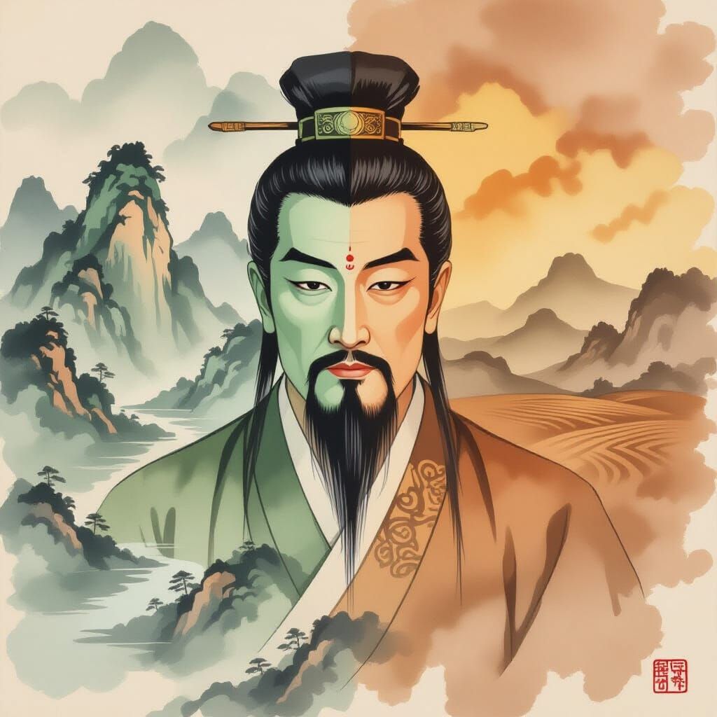 Dual-Faced Taoist Priest in Chinese Ink Wash Painting