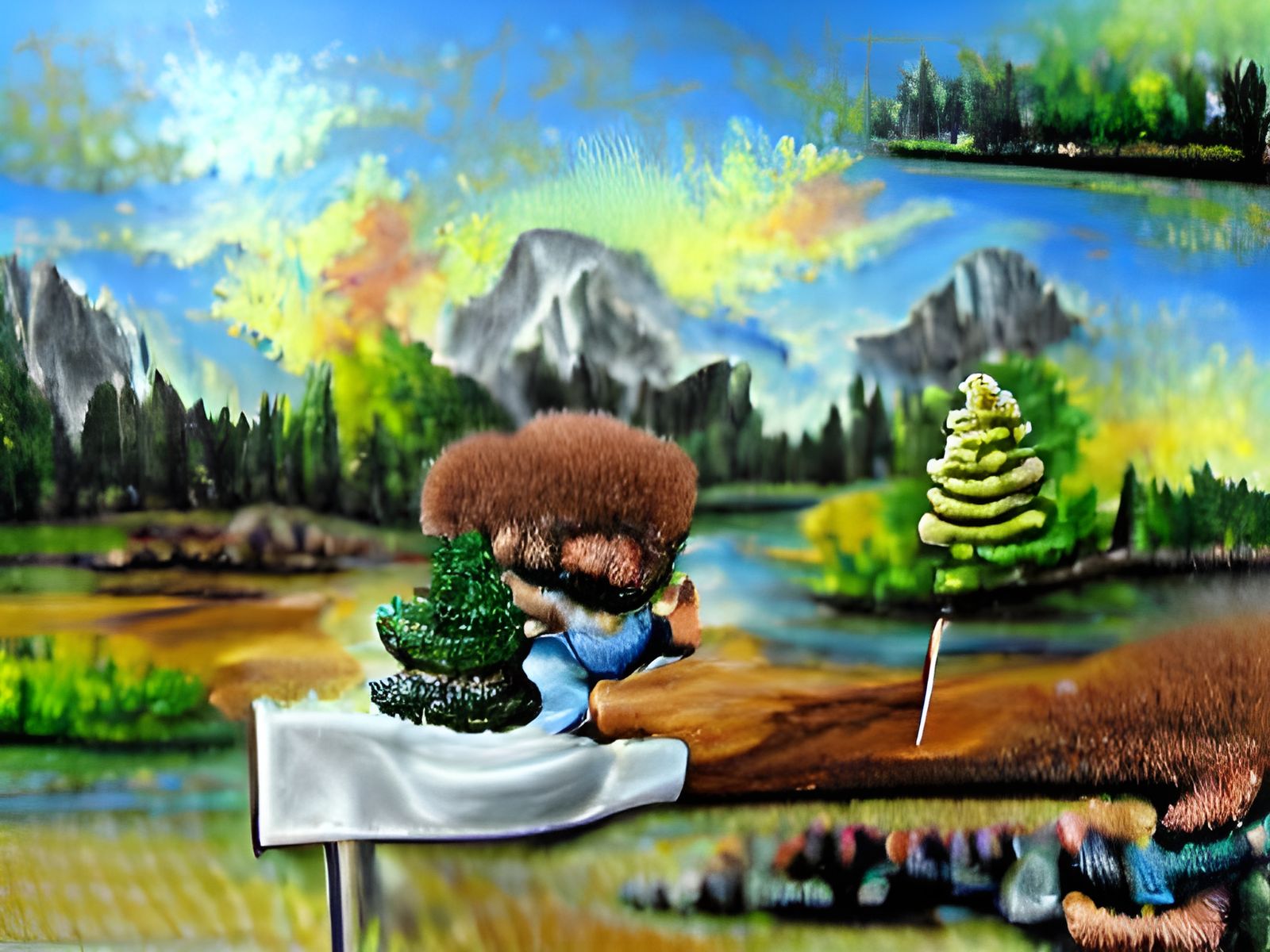 Bob Ross painting a happy little tree landscape oil on canva...