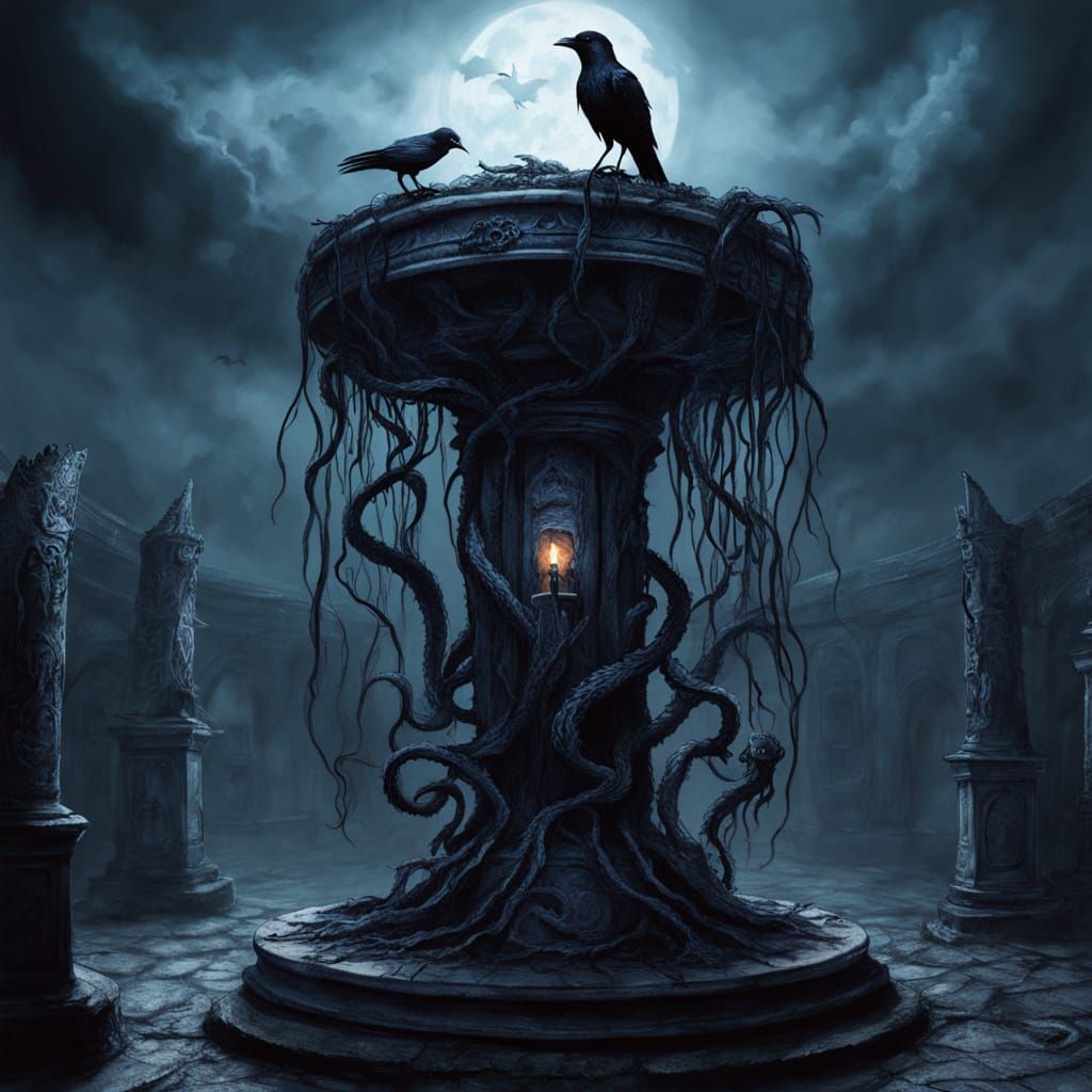Eldritch Horror Confronts a Crow in a Dark, Misty Chamber