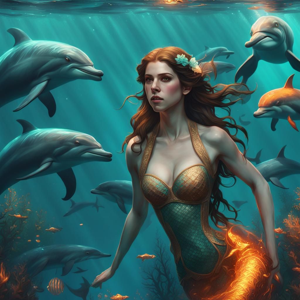 Anna Kendrick as a mermaid, swimming with dolphins