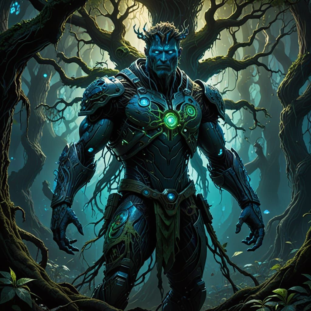 A reimagined movie poster for 'Avatar', depicting a scene where Jake Sully connects with the Tree of Souls. The poster uses a bioluminescent...