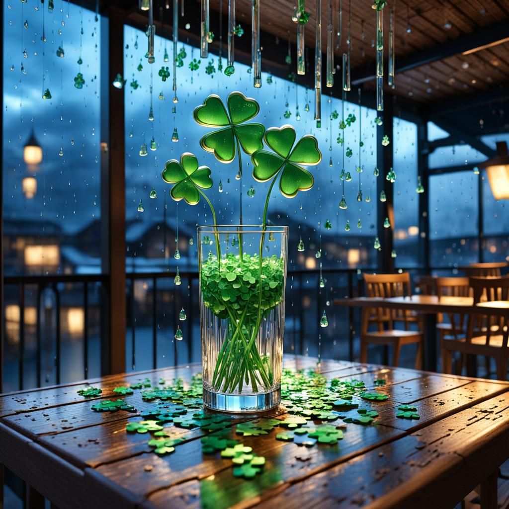 3d hdr Loads of mini clear glass and jigsaw type and crystal type 4 leaf clovers raining down from the ...  by @ Come On Now No Available CryptoATM