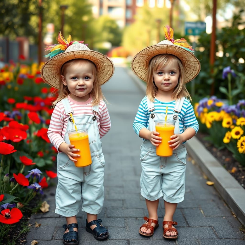 Twins in Vibrant Playground with Floral Surroundings and Whi...