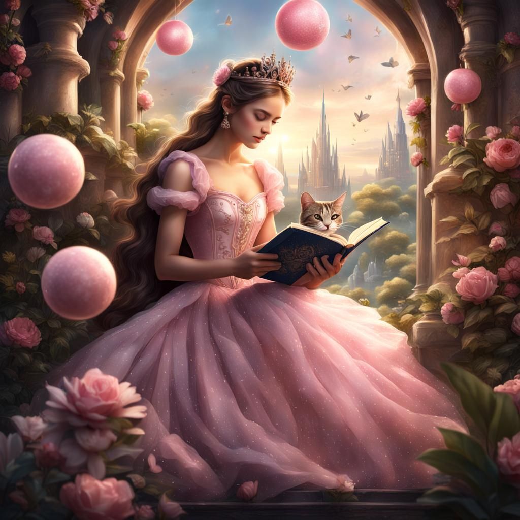 fairy princess with a light pink ball gown opening a book