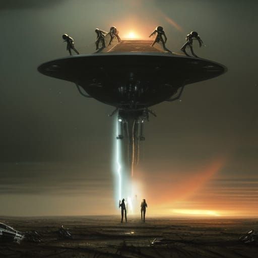 Extraterrestrial Aliens stepping out of a flying saucer UFO....