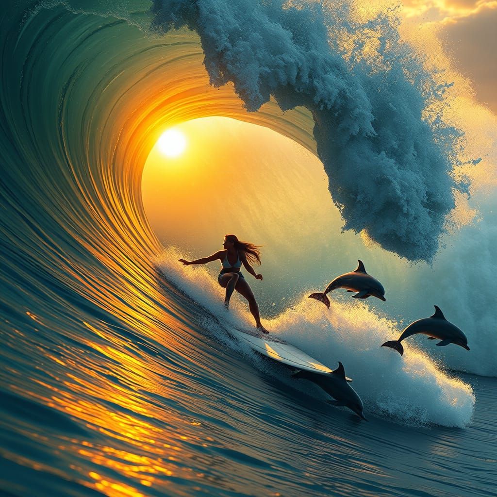Surrealistic Hyperrealistic Surfing Scene with Dolphins in W...