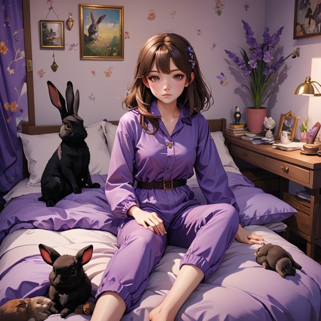 A girl of 17 with brown hair, wearing a cute purple jumpsuit...