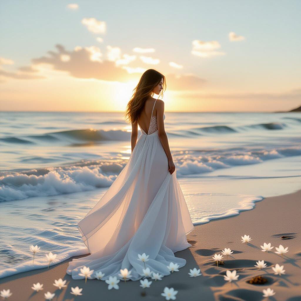 Woman on Beach at Dawn with Floral Accents
