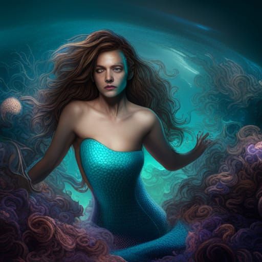 aqua blue mermaid sinking eyes closed trying to relax in the...