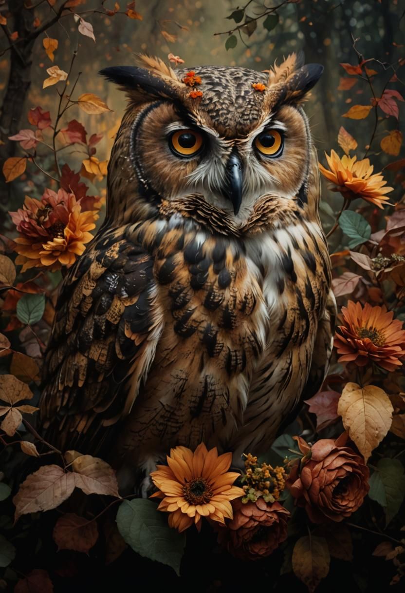 A owl between autumn flowers and leaves in warm fall colours   by @Ria