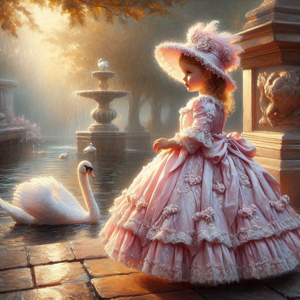 Swan Reverie at the Marble Fountain  

A storybook scene unfolds where elegance meets innocence in a golden haze.