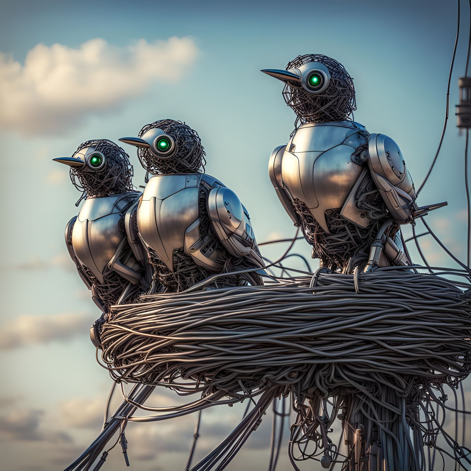 Titanium Robot birds perched on an electrical wire nest, photorealistic, intricate details, HDR, beautifully ...  by @Glassiness