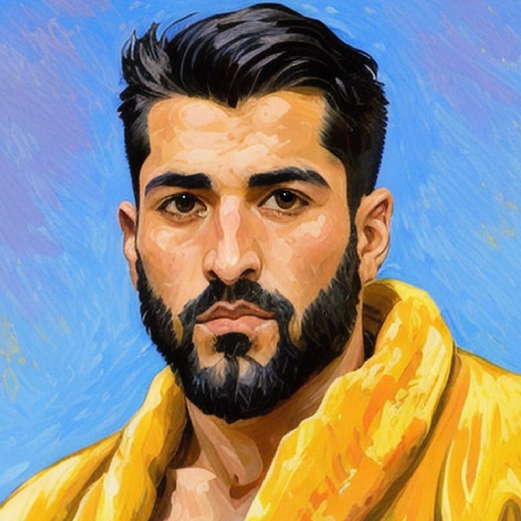 Burāq · بُراق  ·   a cute bearded man  wearing a  yellow vel...