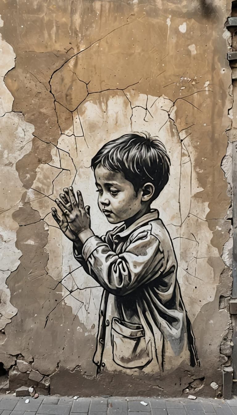 street art fresco depicting an old hand drawing a young hand...