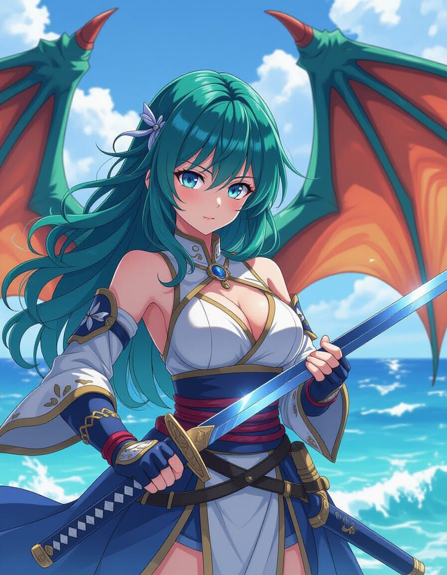 Anime Warrior With Blue Dragon Wings and Katana