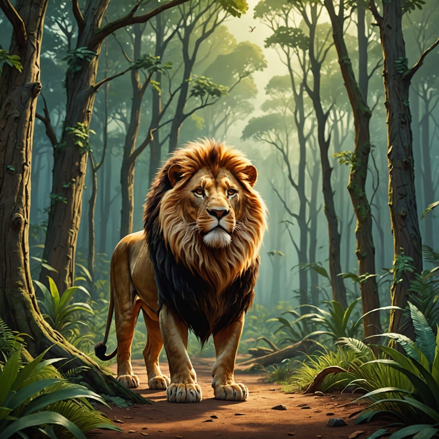 Lion King Walking Proudly Through Realistic Forest