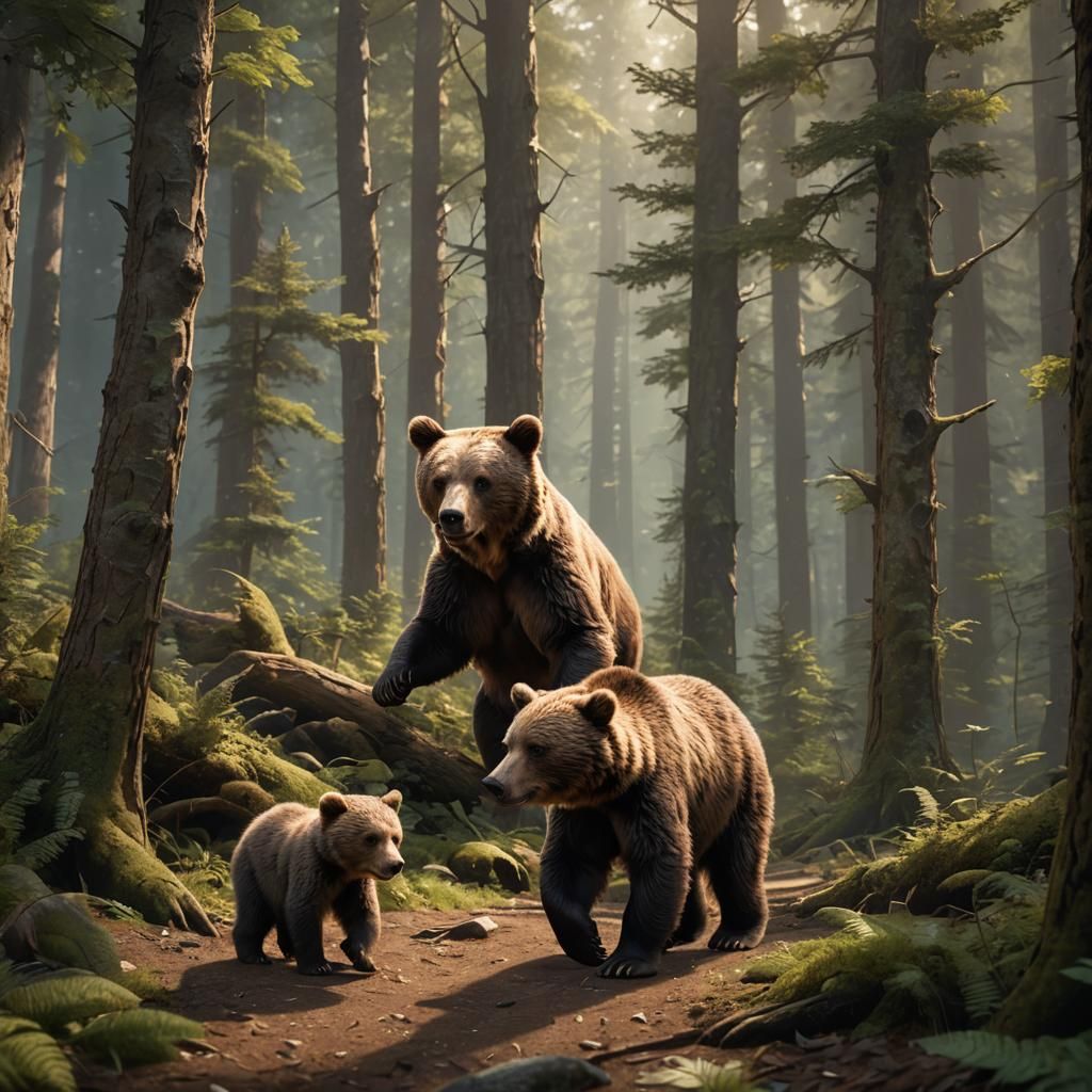 A baby brown bear cub with his momma bear walking through th...