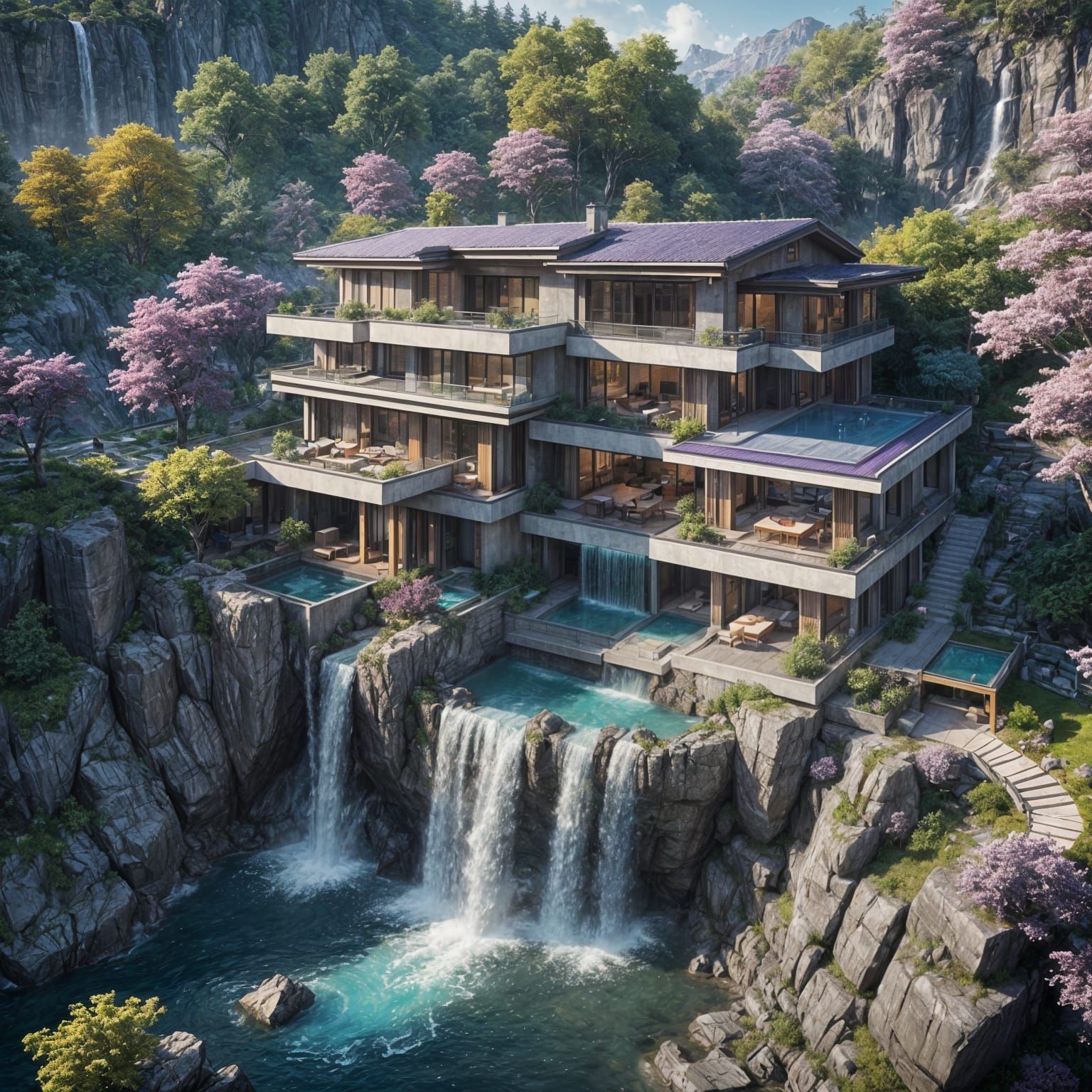 Modern architecure house with huge watefall 8k resolution dy...