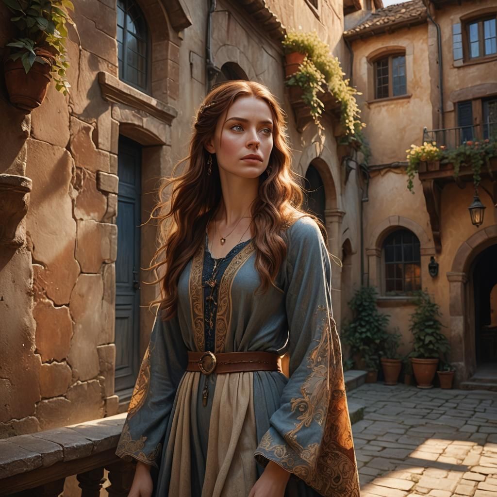 Woman in Sunlit Courtyard: Art Nouveau Style