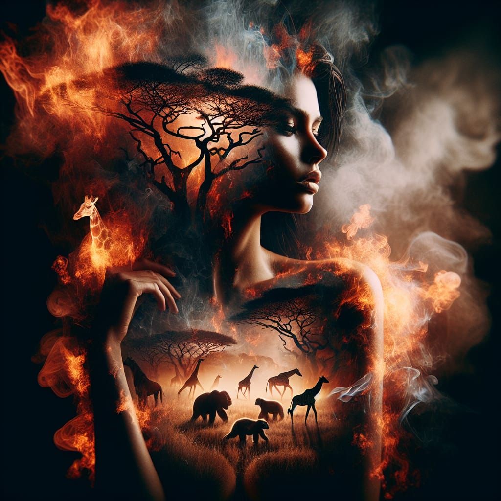 Hyper Realistic Savannah Scene with Woman Made of Fire and S...