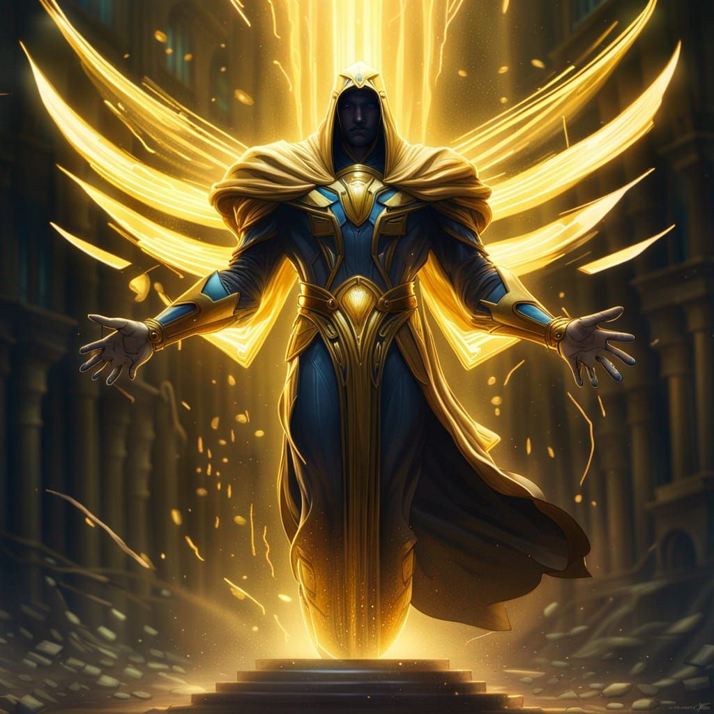 Dr. Fate fused with Tyrael floating in mystical energy.