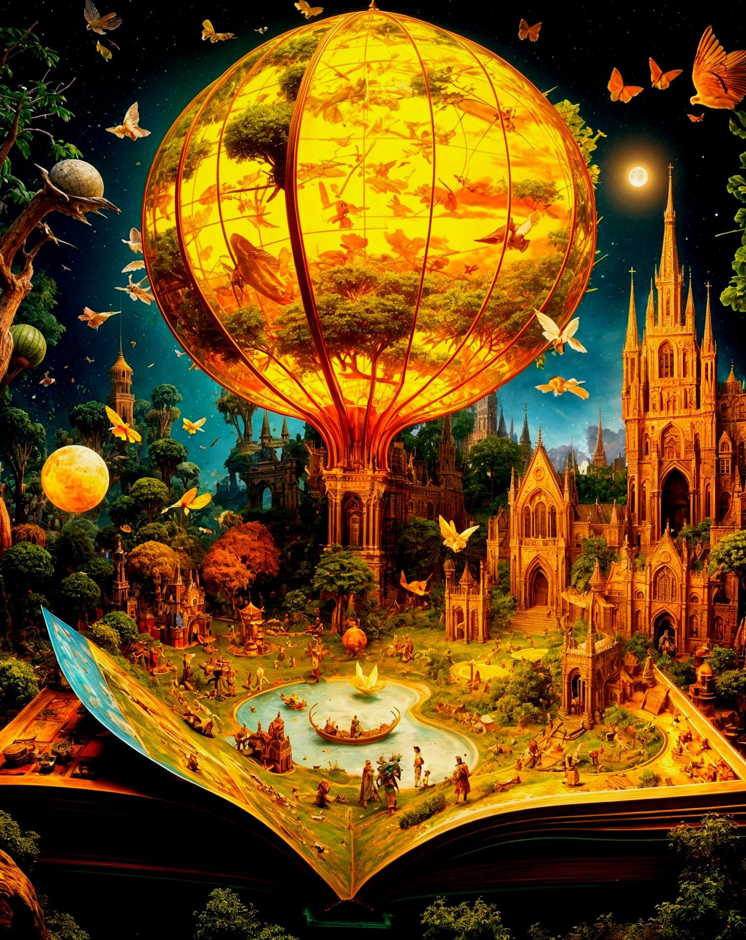 "Giant open popup book containing all reality, the garden of earthly delights' hieronymus bosch pop up book showing 3D open book pop up, Lov...